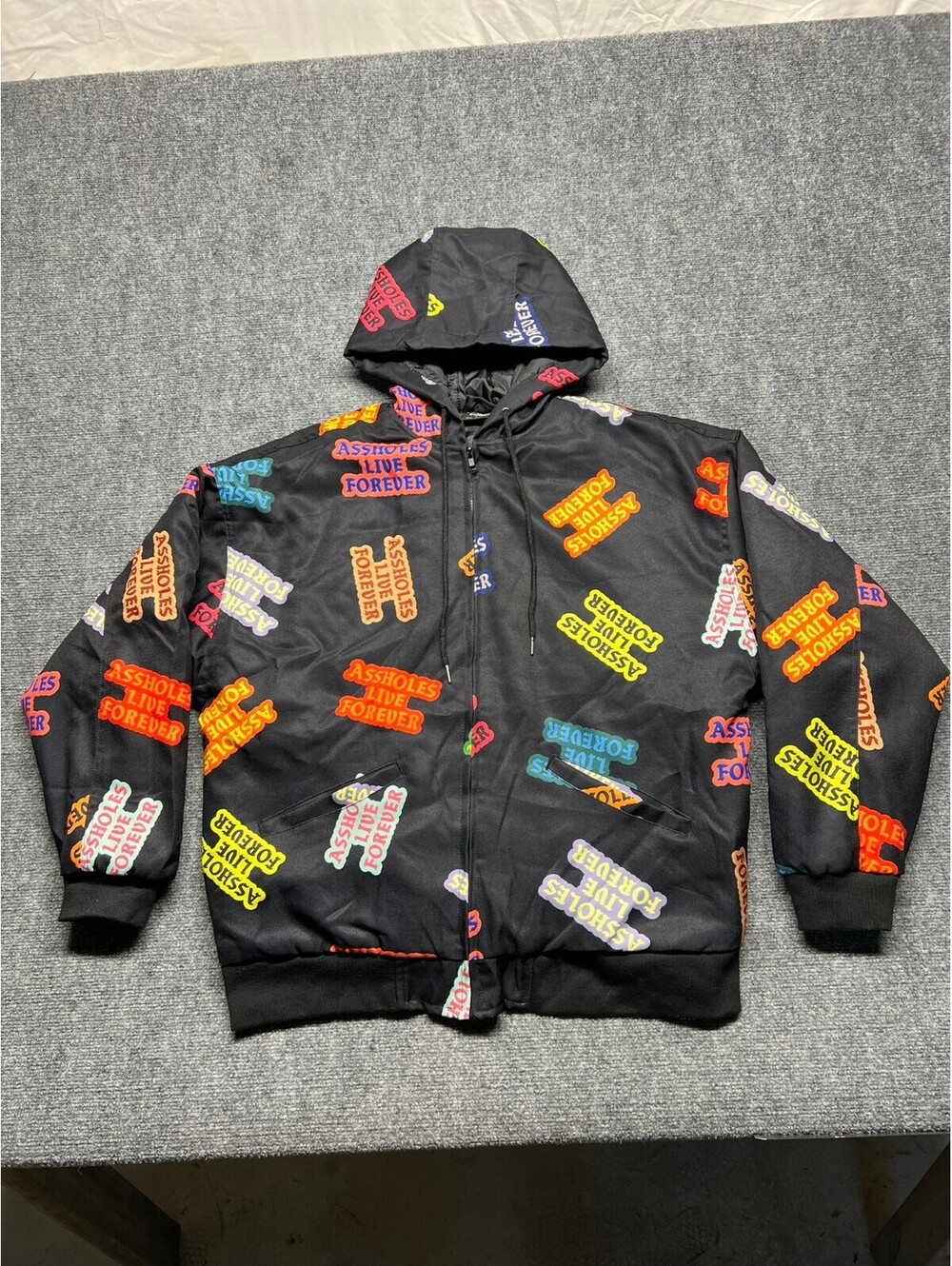 Assholes Live Forever Jacket Mens Large Full Zip All Over Print Hooded Bomber